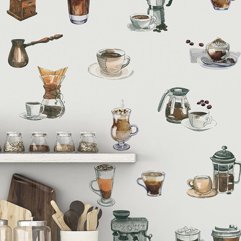 Adesivi Murali Tema Caffè Acquerello In PVC Rimovibile Decalcomanie Arte Per Cucina Bar Decorazione Tazze Chicchi