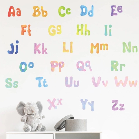 Stickers Muraux Alphabet Aquarelle Lettres en PVC Colorées Décalcomanies Éducatives pour Chambre d'Enfants Crèche Salle de Classe Décor