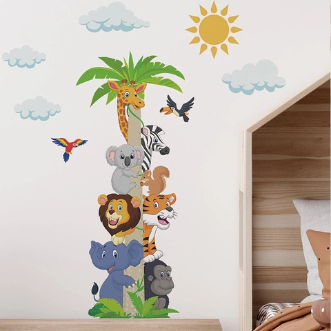 Pegatinas Pared Animales Dibujos Animados Apilados para Habitación Infantil Palmera PVC Removible Autoadhesivas Decoración