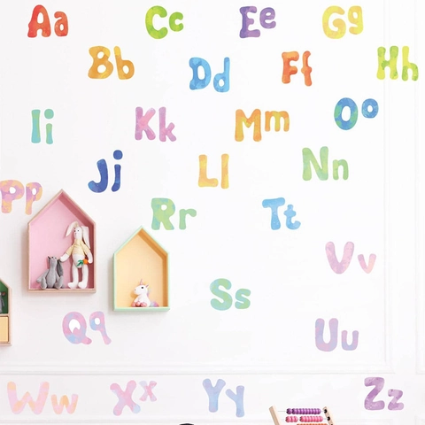 Stickers Muraux Alphabet Aquarelle Lettres en PVC Colorées Décalcomanies Éducatives pour Chambre d'Enfants Crèche Salle de Classe Décor