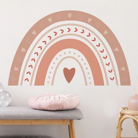 Stickers Muraux Arc-en-Ciel Bohème Cœur Amovible PVC Tons Terre Morandi Pour Chambre d'enfant Décoration Murale Maison