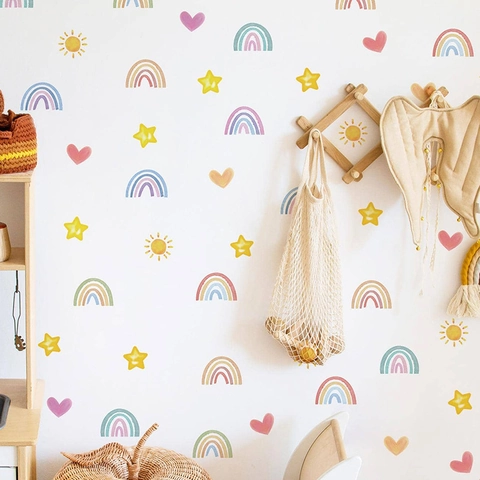 Adesivi Murali Acquerello Arcobaleno Cuore Stella Sole in PVC Autoadesivo Removibile per Cameretta Bambini Casa