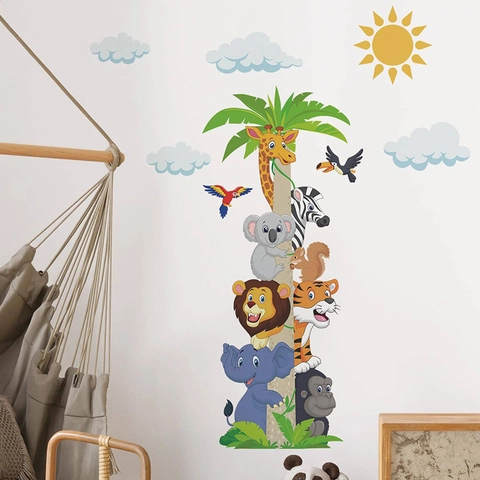 Pegatinas Pared Animales Dibujos Animados Apilados para Habitación Infantil Palmera PVC Removible Autoadhesivas Decoración
