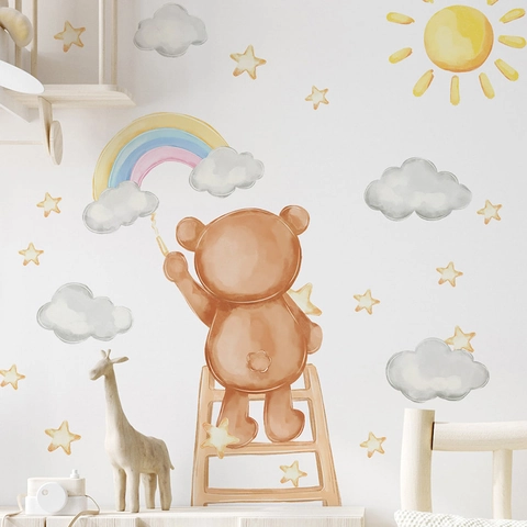 Cartoon Watercolor Bear Rainbow Clouds Wall Stickers PVC Removable Self-Adhesive Wall Decals For Children's Bedroom Home Decoration