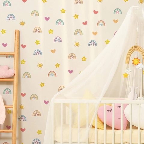 Adesivi Murali Acquerello Arcobaleno Cuore Stella Sole in PVC Autoadesivo Removibile per Cameretta Bambini Casa