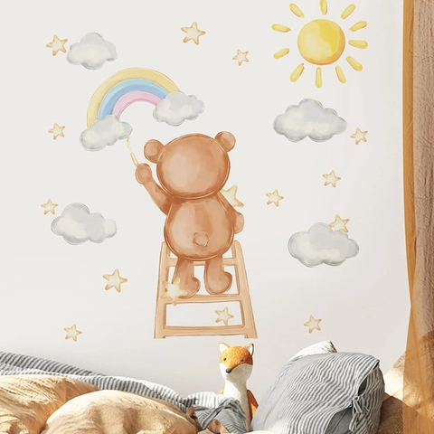 Cartoon Watercolor Bear Rainbow Clouds Wall Stickers PVC Removable Self-Adhesive Wall Decals For Children's Bedroom Home Decoration