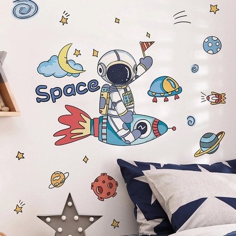 Cartoon Astronaut Rocket Space Theme Wall Stickers For Kids Room Bedroom PVC Removable Self Adhesive DIY Nursery Wall Decor