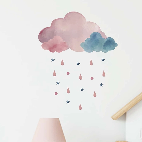 Watercolor Cloud Raindrop Stars Wall Stickers PVC Removable Decals For Kids Nursery Bedroom Home Decor Mural Art Sticker