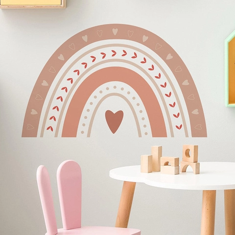 Stickers Muraux Arc-en-Ciel Bohème Cœur Amovible PVC Tons Terre Morandi Pour Chambre d'enfant Décoration Murale Maison