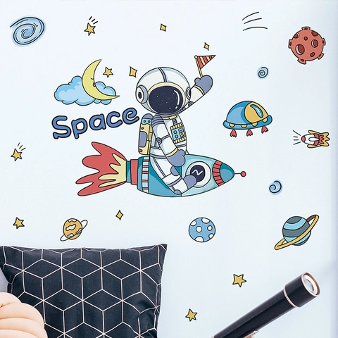 Cartoon Astronaut Rocket Space Theme Wall Stickers For Kids Room Bedroom PVC Removable Self Adhesive DIY Nursery Wall Decor