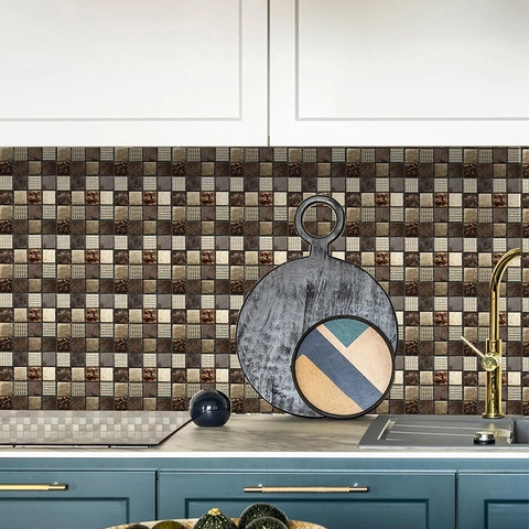 Adesivi Murali PVC Autoadesivi Motivo Mosaico Per Cucina Bagno Decorazione Casa Piastrelle Moderne Stampati Marrone Beige