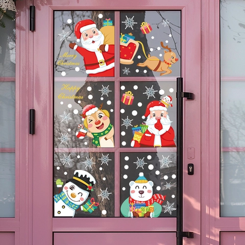 Pegatinas Estáticas de Navidad para Ventanas Papá Noel Muñeco de Nieve Reno PVC Calcomanías para Decoración Cristal Hogar