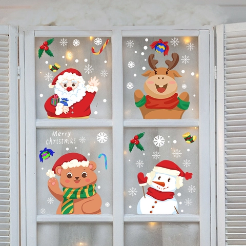Pegatinas De Ventana De Navidad De PVC Estático Papá Noel Reno Oso Muñeco De Nieve Calcomanías De Vidrio Para Fiesta Casa
