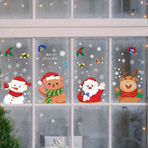 Weihnachten Fensteraufkleber PVC Statisch Cartoon Weihnachtsmann Elch Bär Schneemann Schneeflocken Abnehmbare Glasaufkleber Für Feiertagsdeko