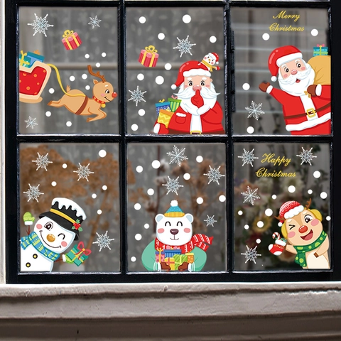Christmas Window Clings Static PVC Stickers Santa Claus Reindeer Snowman Snowflakes Decals For Glass Window Door Home Decor