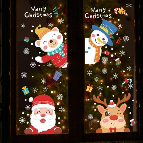 Pegatinas Navideñas para Ventanas de PVC Estáticas Papá Noel Muñeco de Nieve Reno Oso Polar Calcomanías de Pared Fiesta