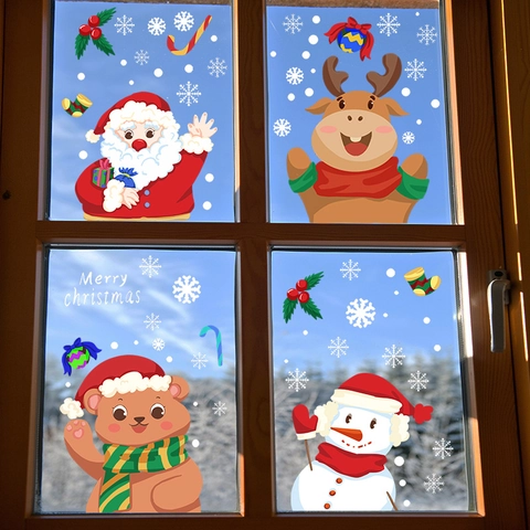 Pegatinas De Ventana De Navidad De PVC Estático Papá Noel Reno Oso Muñeco De Nieve Calcomanías De Vidrio Para Fiesta Casa