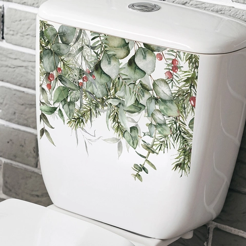 Pegatina de Inodoro de Navidad Pegatina de PVC Removible Con Hojas de Eucalipto y Bayas Rojas Decoración Botánica Baño