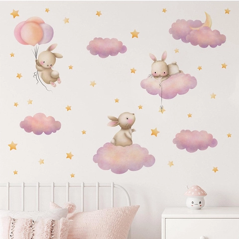 Watercolor Pink Bunny Rabbit Cloud Wall Stickers Moon Star Self Adhesive Removable PVC Decals For Kids Nursery Room Home Decor