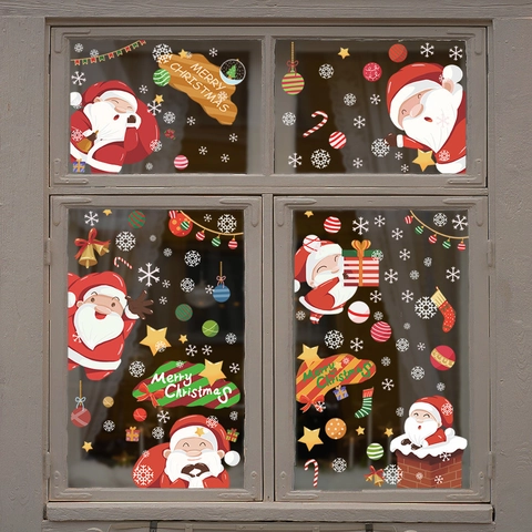 Kerst Statische Vensterstickers Kerstman Sneeuwvlokken Kerstboom Glasdeur Decals Voor Xmas Vakantie Huisdecoratie