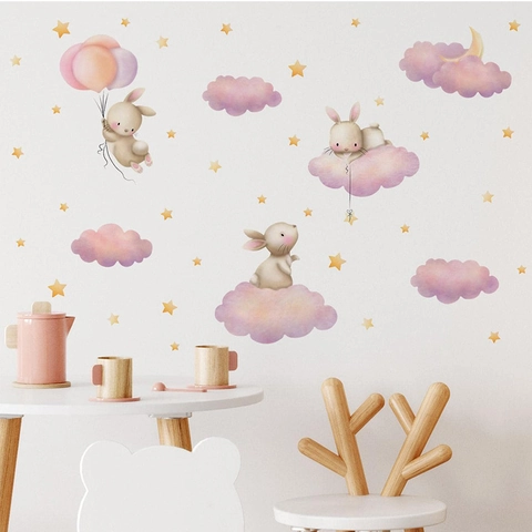 Watercolor Pink Bunny Rabbit Cloud Wall Stickers Moon Star Self Adhesive Removable PVC Decals For Kids Nursery Room Home Decor