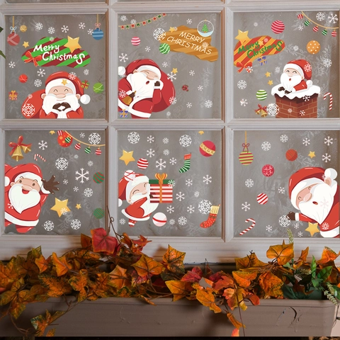 Kerst Statische Vensterstickers Kerstman Sneeuwvlokken Kerstboom Glasdeur Decals Voor Xmas Vakantie Huisdecoratie