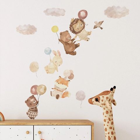 Watercolor Cartoon Animal Wall Stickers Lion Bear Rabbit Balloons Decals For Kids Nursery Room Decor PVC Wall Art