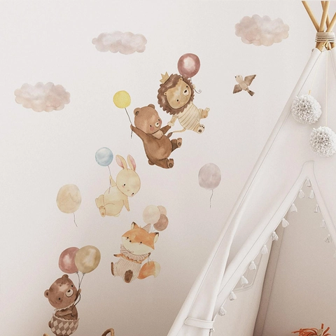 Watercolor Cartoon Animal Wall Stickers Lion Bear Rabbit Balloons Decals For Kids Nursery Room Decor PVC Wall Art