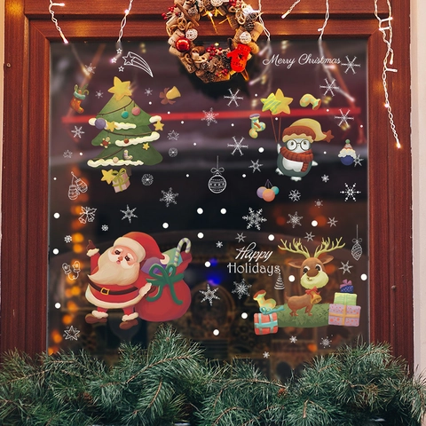 PVC Weihnachts-Fensteraufkleber Statisch Haftend Weihnachtsmann Rentier Pinguin Weihnachtsbaum Glasbilder Deko Zuhause