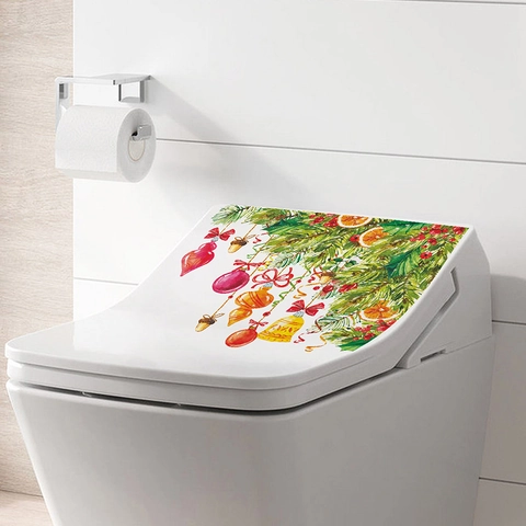Adhesivo para Inodoro de Navidad Acuarela Ramas de Pino Bolas Campana PVC Removible Adhesivo de Pared Baño Decoración Festiva