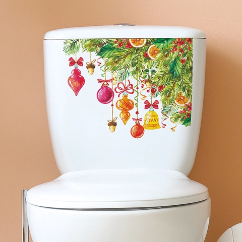 Adhesivo para Inodoro de Navidad Acuarela Ramas de Pino Bolas Campana PVC Removible Adhesivo de Pared Baño Decoración Festiva