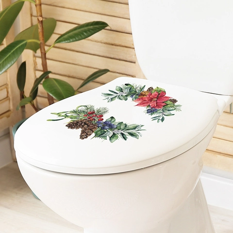 Aquarel Kerst Kerstster Dennenappel Bessen Toilet Sticker PVC Waterdicht Verwijderbare Decoratieve Muursticker Voor Badkamer Huisdecoratie