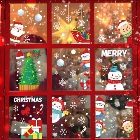 Pegatinas de Navidad para Ventana PVC Estáticas Papá Noel Reno Muñeco de Nieve Copos de Nieve Para Puertas de Vidrio Decoración