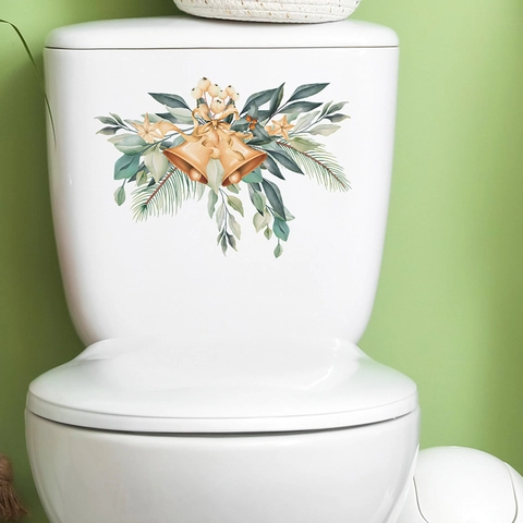 Christmas Bell Leaves Toilet Lid Sticker PVC Watercolor Pine Needle Berry Wall Decal For Bathroom Home Decor XMAS049