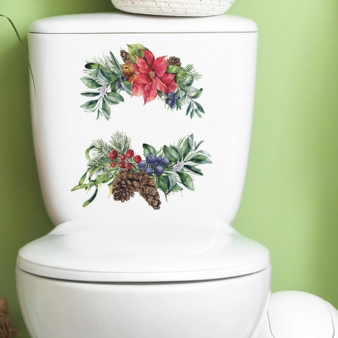 Aquarel Kerst Kerstster Dennenappel Bessen Toilet Sticker PVC Waterdicht Verwijderbare Decoratieve Muursticker Voor Badkamer Huisdecoratie
