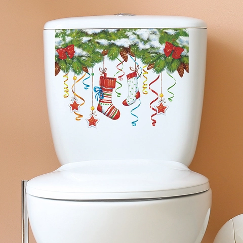 Christmas Toilet Tank Stickers PVC Removable Waterproof Decals Pine Branch Bow Sock Pattern For Home Bathroom Festive Decor