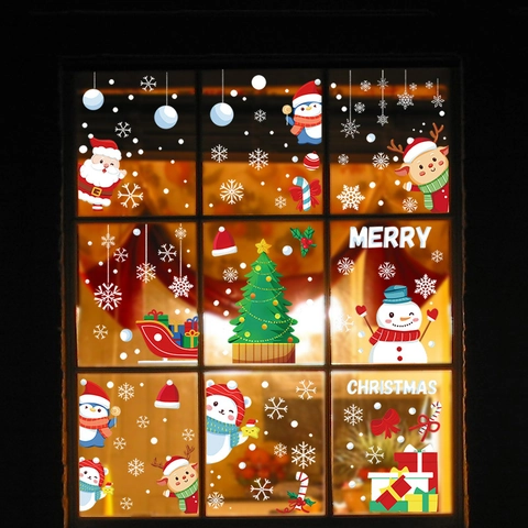 Pegatinas de Navidad para Ventana PVC Estáticas Papá Noel Reno Muñeco de Nieve Copos de Nieve Para Puertas de Vidrio Decoración