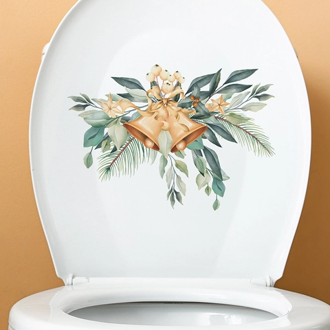 Christmas Bell Leaves Toilet Lid Sticker PVC Watercolor Pine Needle Berry Wall Decal For Bathroom Home Decor XMAS049