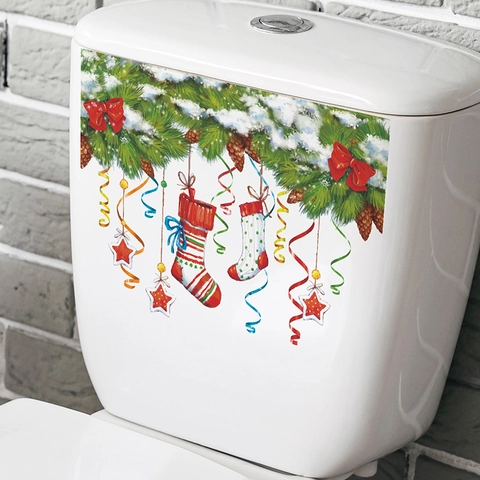Christmas Toilet Tank Stickers PVC Removable Waterproof Decals Pine Branch Bow Sock Pattern For Home Bathroom Festive Decor