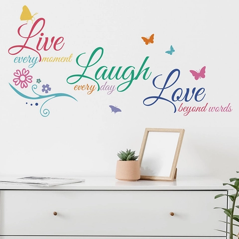 Colorati Adesivi Murali Live Laugh Love Farfalla Fiore Citazioni Inglesi PVC Adesivi da Parete Removibili per Soggiorno Camera da Letto
