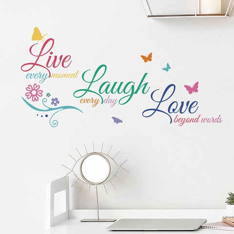 Colorati Adesivi Murali Live Laugh Love Farfalla Fiore Citazioni Inglesi PVC Adesivi da Parete Removibili per Soggiorno Camera da Letto