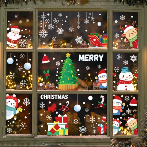 Feliz Navidad Pegatinas de Ventana Papá Noel Alce Muñeco de Nieve Pingüino Copo de Nieve Adhesivo Estático PVC Vidrio Hogar