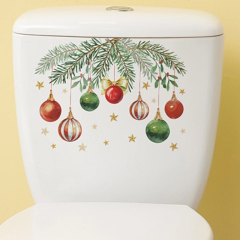 Christmas Toilet Sticker Watercolor Pine Needles Ornament Balls Star Bow PVC Waterproof Bathroom Home Decorative Wall Decal