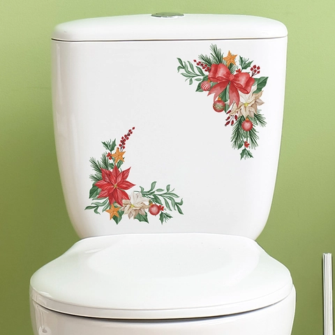 Sticker Couvercle de Toilette Noël PVC Auto-Adhésif Poinsettia Nœud Rouge Aiguille de Pin Décoration Murale de Salle de Bain