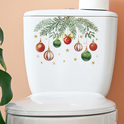 Christmas Toilet Sticker Watercolor Pine Needles Ornament Balls Star Bow PVC Waterproof Bathroom Home Decorative Wall Decal
