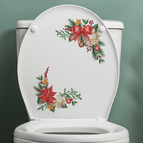 Sticker Couvercle de Toilette Noël PVC Auto-Adhésif Poinsettia Nœud Rouge Aiguille de Pin Décoration Murale de Salle de Bain