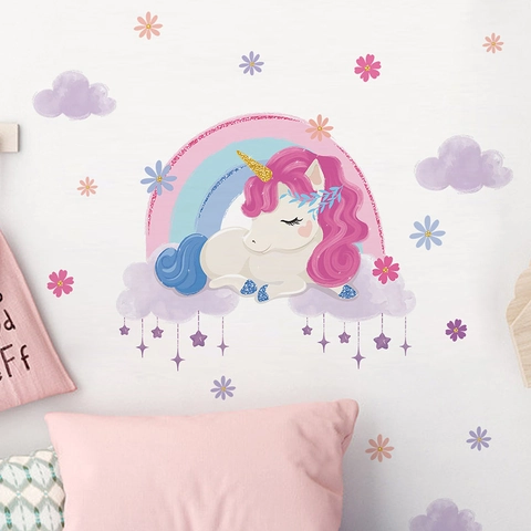 Adesivo da Parete Cartone Animato Unicorno Arcobaleno Nuvola Decalcomania Autoadesiva in PVC per Cameretta Bambini Decorazione Casa