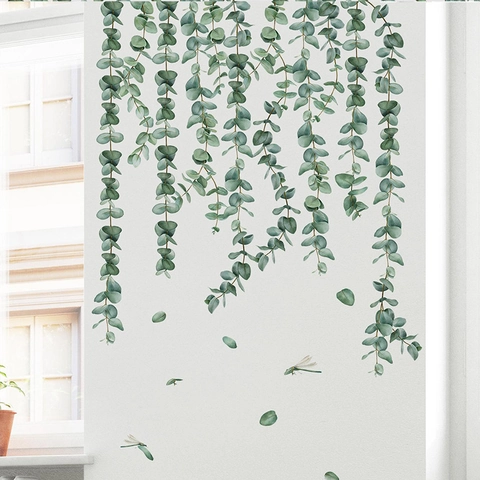 Pegatinas de Pared de Hojas de Eucalipto y Vides Autoadhesivas Planta Verde Libélula Calcomanías de Pared para Sala de Estar Dormitorio