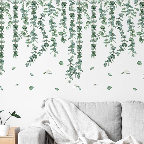 Pegatinas de Pared de Hojas de Eucalipto y Vides Autoadhesivas Planta Verde Libélula Calcomanías de Pared para Sala de Estar Dormitorio