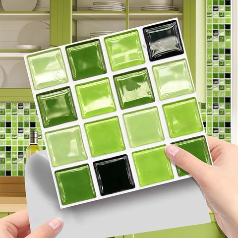 Pegatinas de Azulejos de Mosaico de Cuadros Verde Fresco Para Baño Cocina Autoadhesivas de PVC Impermeables Extraíbles Decoración